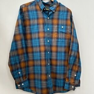 Orvis classic fit wrinkle free men’s  blue and copper plaid XL button up shirt